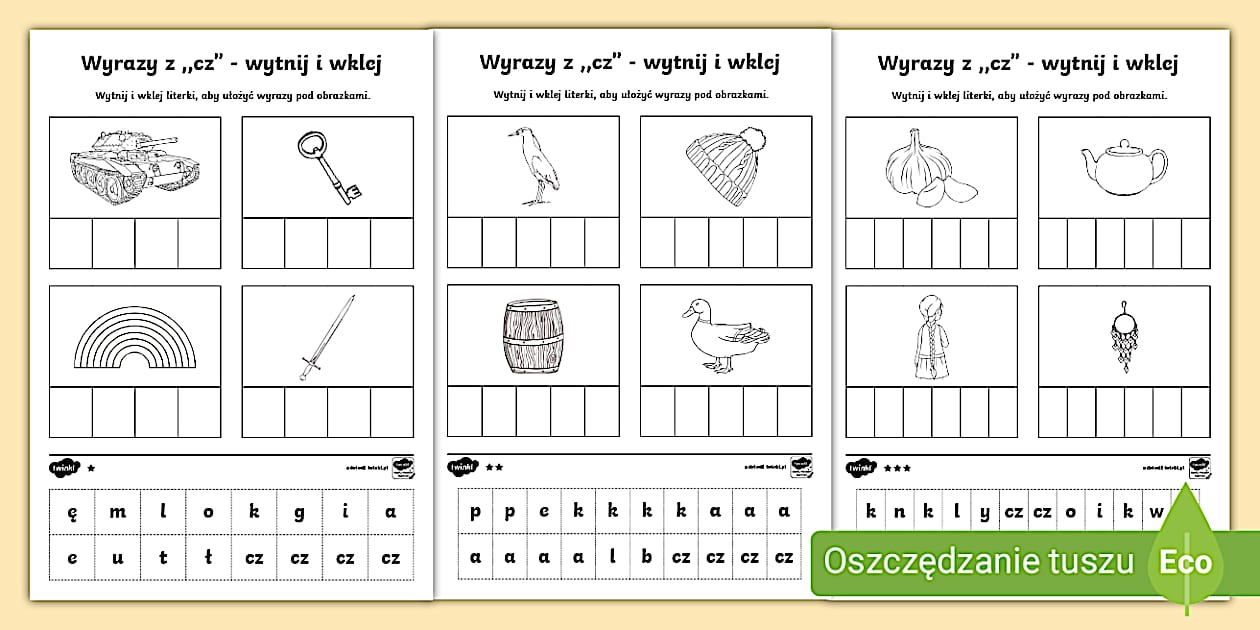 Sprawdzian Klasa 1 Edukacja Polonistyczna Dwuznak CZ | Zadanie wytnij i wklej głoski | Edukacja polonistyczna