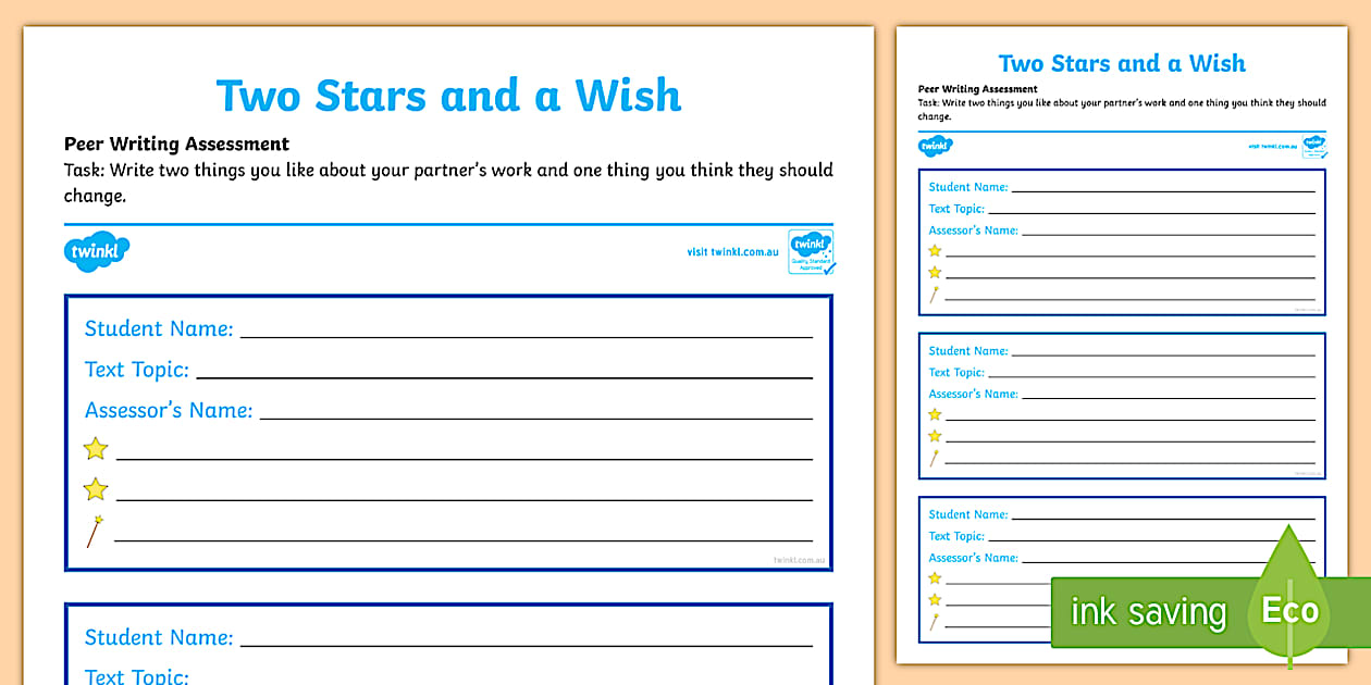 Year 2 Peer Two Stars and a Wish Writing Assessment Twinkl