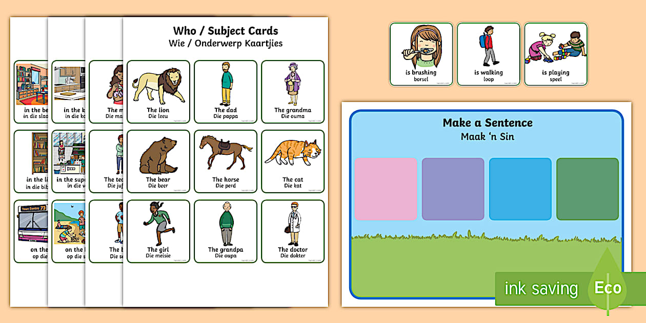 Make a Sentence: Who, What, When, Where? Cards English/Afrikaans