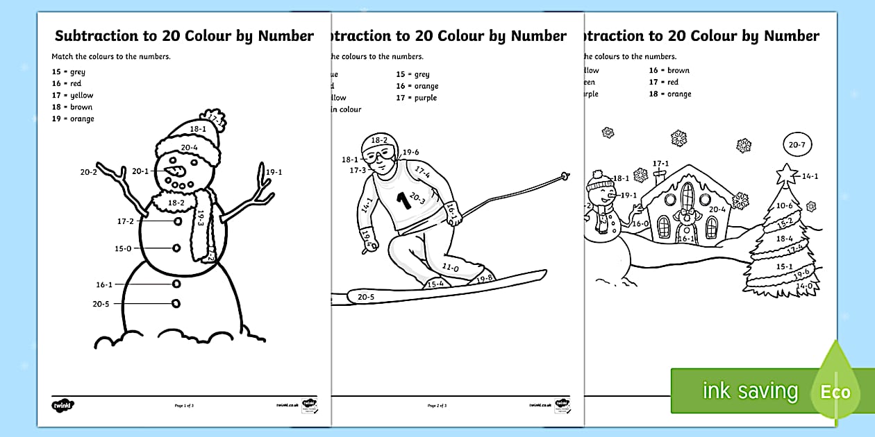 Winter Themed Subtraction to 20 Colour by Number Worksheet / Worksheet