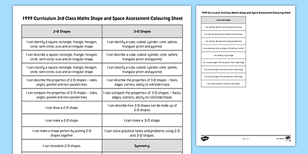 1999 Curriculum 3rd Class Maths Shape and Space Assessment Colouring Sheet