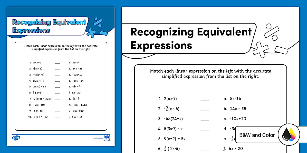 Seventh Grade Recognizing Equivalent Expressions Worksheet