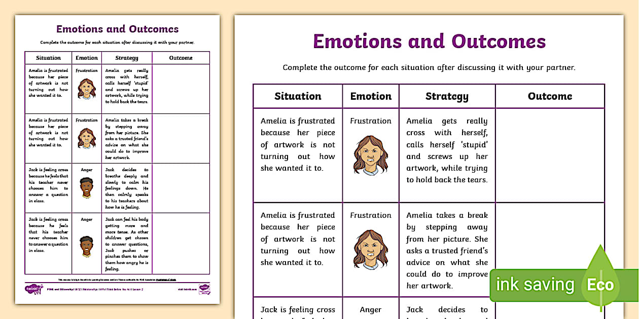 Emotions and Outcomes Activity Sheet (Teacher-Made) - Twinkl