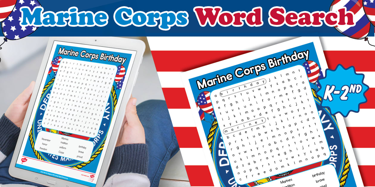 Marine Corps Birthday Word Search for K 2nd Grade Twinkl