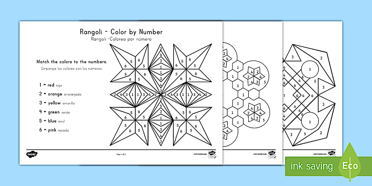 Number Rangoli Patterns Worksheet Hojas de trabajo para colorear por nΓΊmeros Rangoli | Twinkl