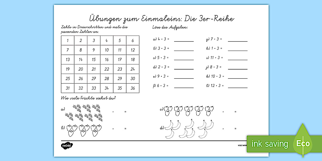 Übungen zum Einmaleins: Die 3er Reihe Arbeitsblatt - Twinkl