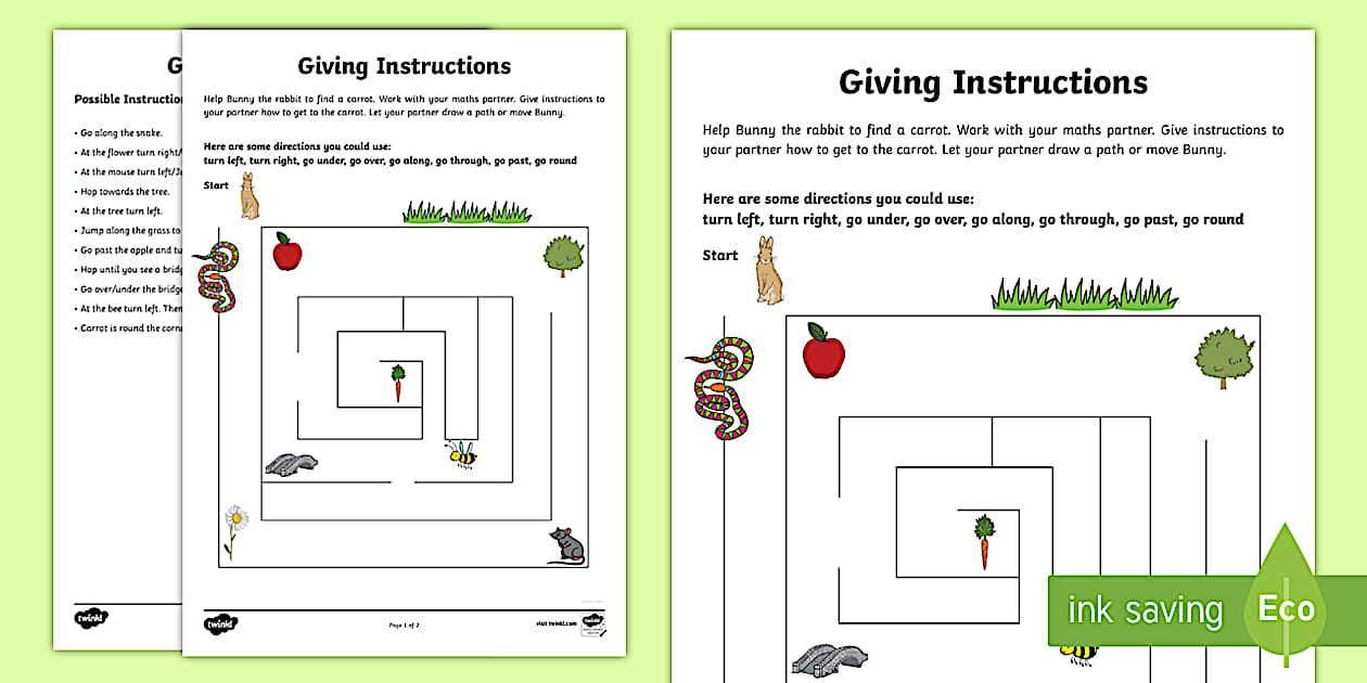 Help/instructions Black and White Giving Instructions: Help Bunny! Worksheet