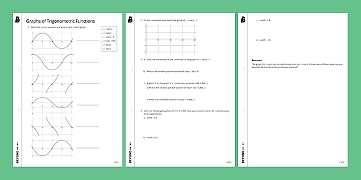 Graphs of Trigonometric Functions Worksheet | Algebra