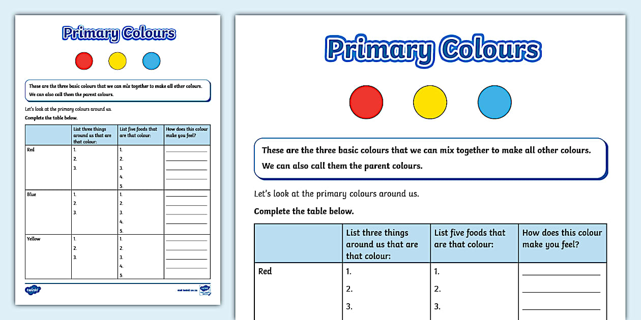 Primary Colours Activity Sheet Primary Colours Activity Sheet