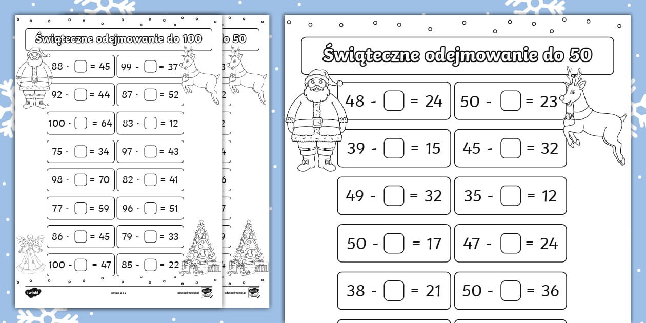 Dodawanie I Odejmowanie Do 100 Karty Pracy - Świąteczne odejmowanie do 50 i 100 | Karta pracy z okienkami