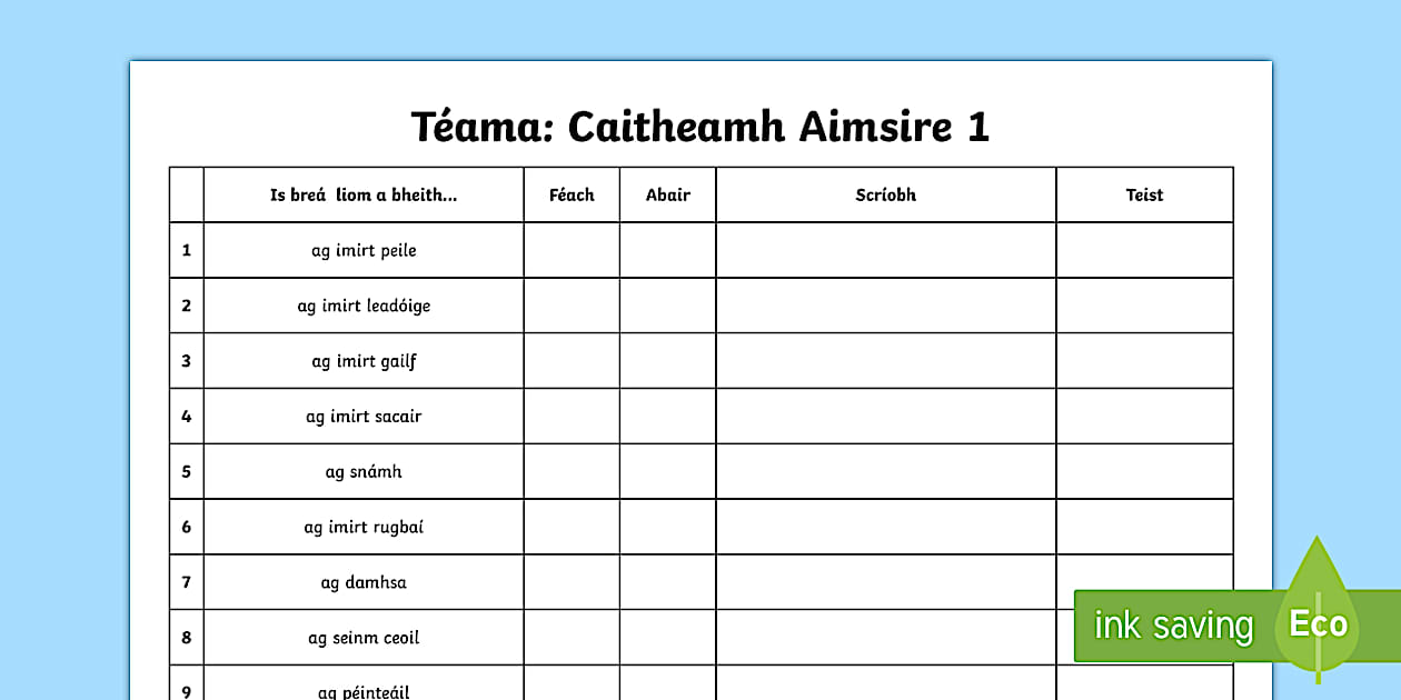 Caitheamh Aimsire, Spelling Worksheet / Worksheet - Gaeilge