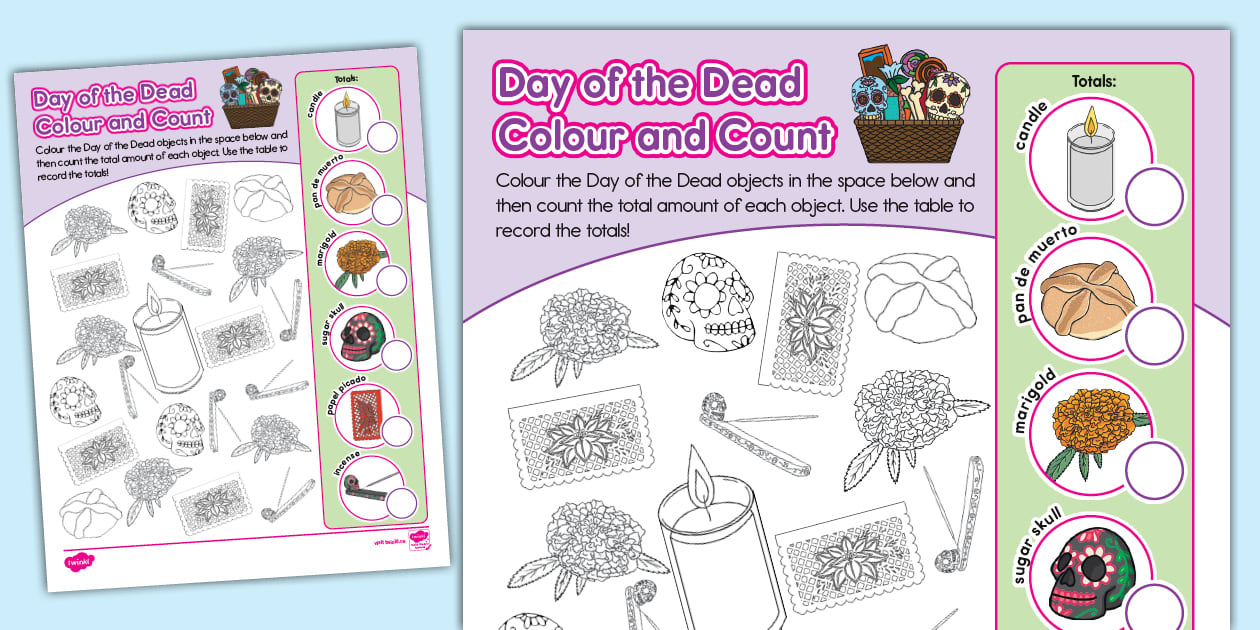 Day of the Dead Colour and Count Worksheet Twinkl