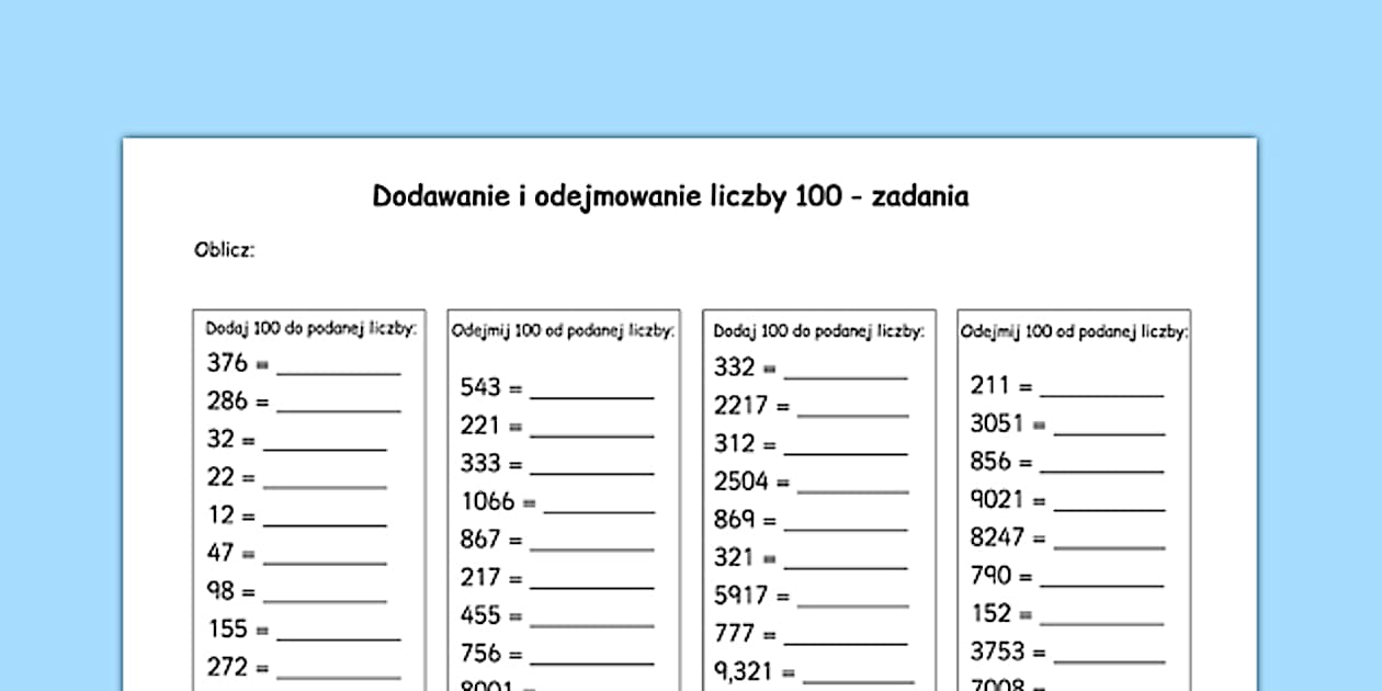 Dodawanie I Odejmowanie W Zakresie 100 Dodawanie i odejmowanie do 100 po polsku - matematyka