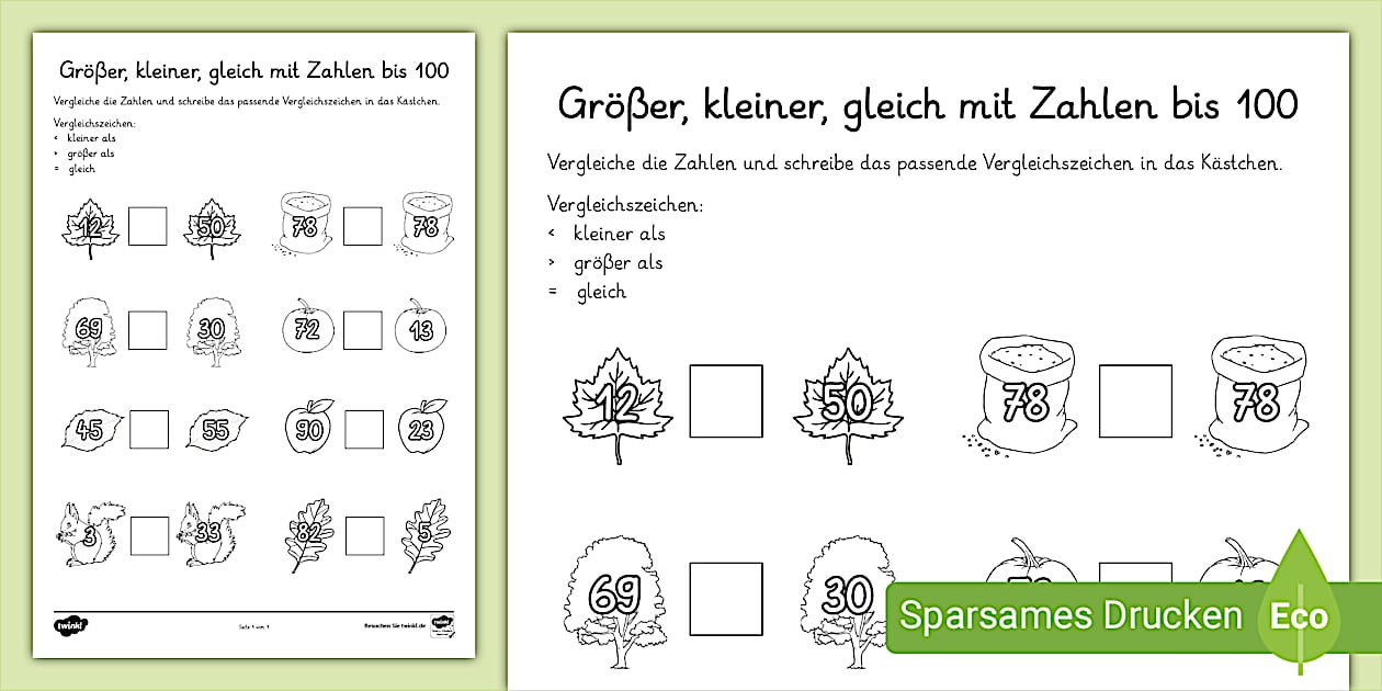 Herbstliche Aufgaben zum Zahlenvergleich im Zahlenraum bis 100