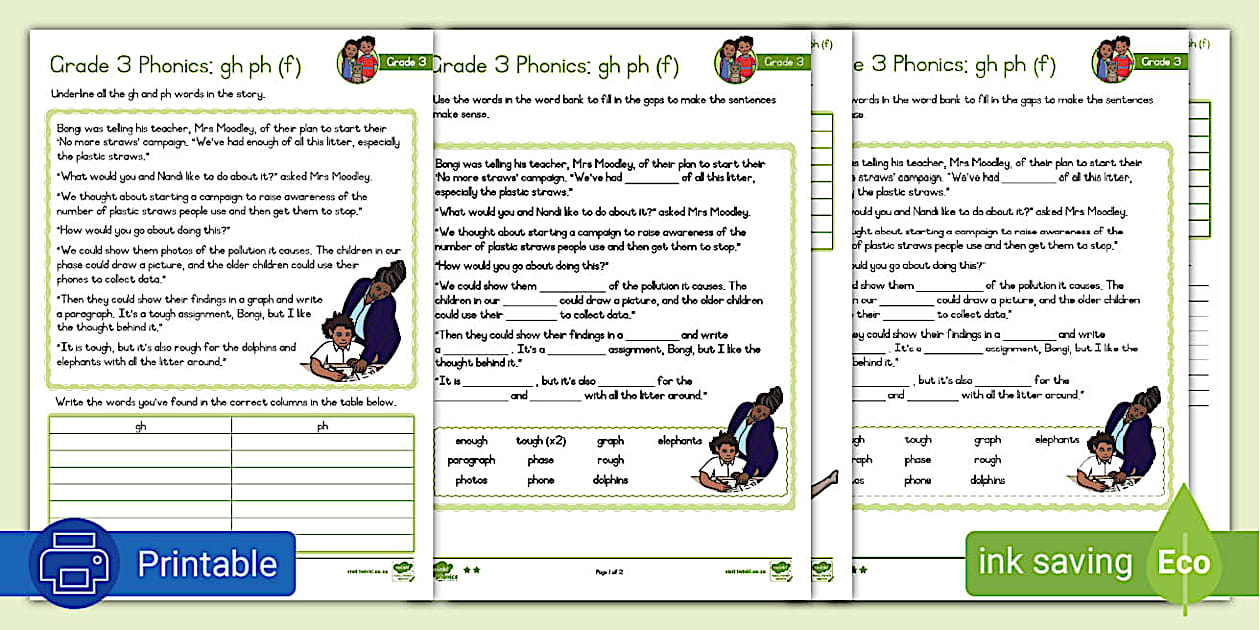 Grade 3 Phonics: gh ph (f): Differentiated Worksheets