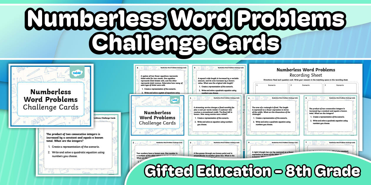 Numberless Word Problem Challenge Cards for Gifted Education