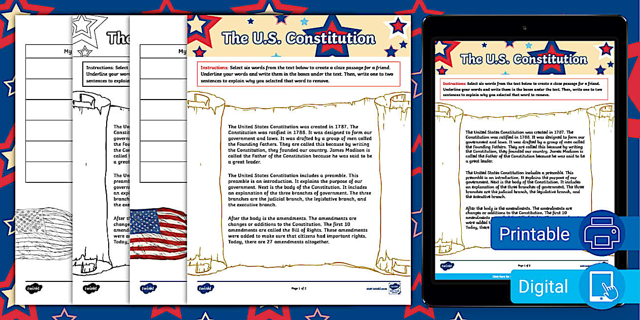 Third Grade U.S. Constitution Reverse Cloze Worksheet