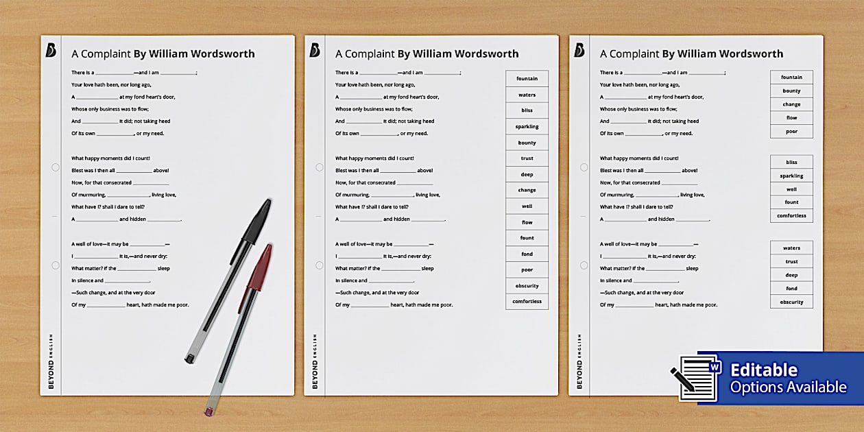A Complaint by William Wordsworth | GCSE Cloze Activity