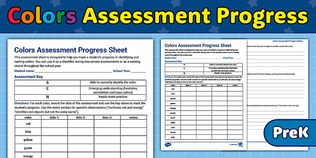 Prekindergarten Colors Assessment Progress Sheet - Twinkl