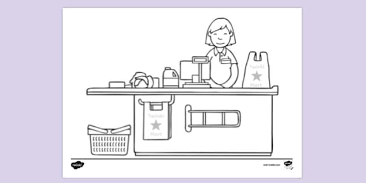 Colouring In Shop Counter Supermarket Checkout With Cashier Colouring | Colouring Sheet