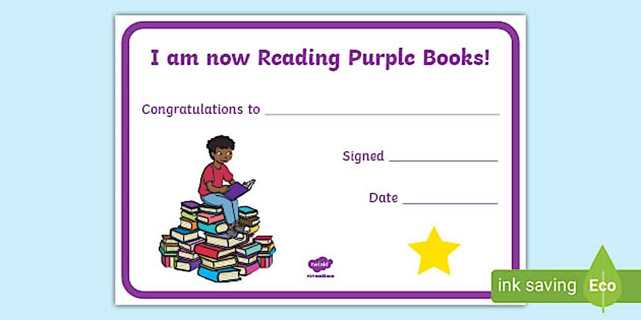 I'm Now Reading Purple Books Certificate - Twinkl