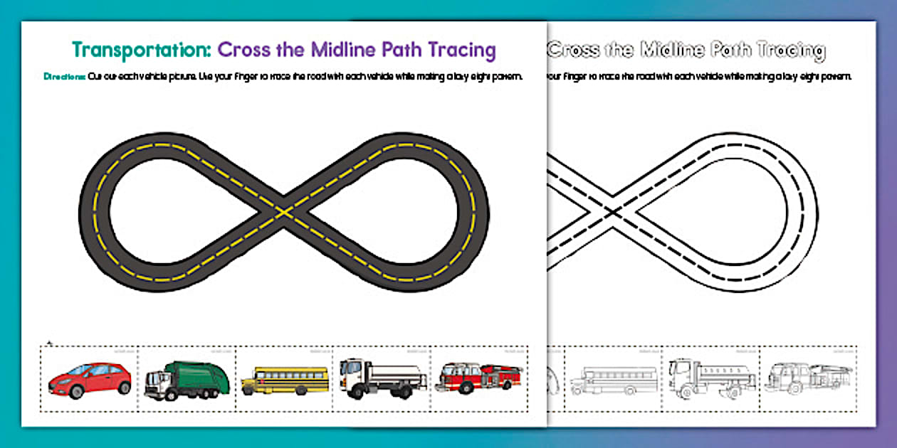 Editable Transportation Cross the Midline Path Tracing Activity Worksheet