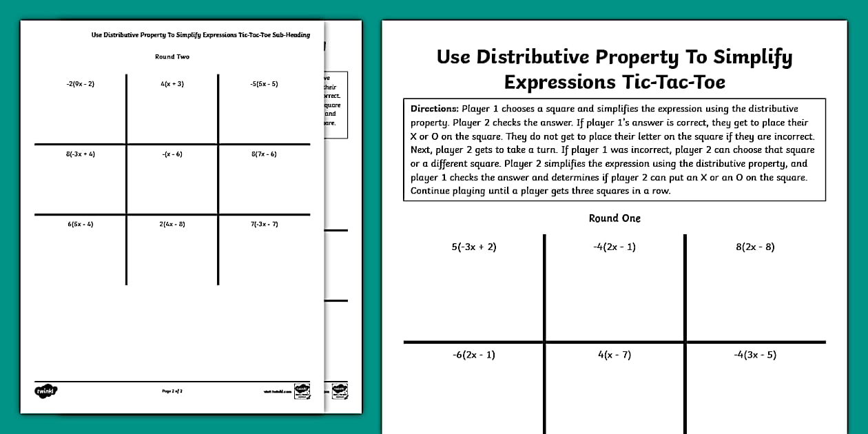 Sixth grade use distributive property to simplify expressions tic tac toe