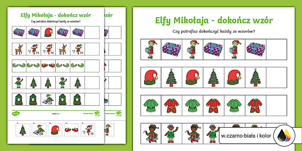 Elfy Mikołaja | Dokończ wzór | Wytnij i wklej - Twinkl