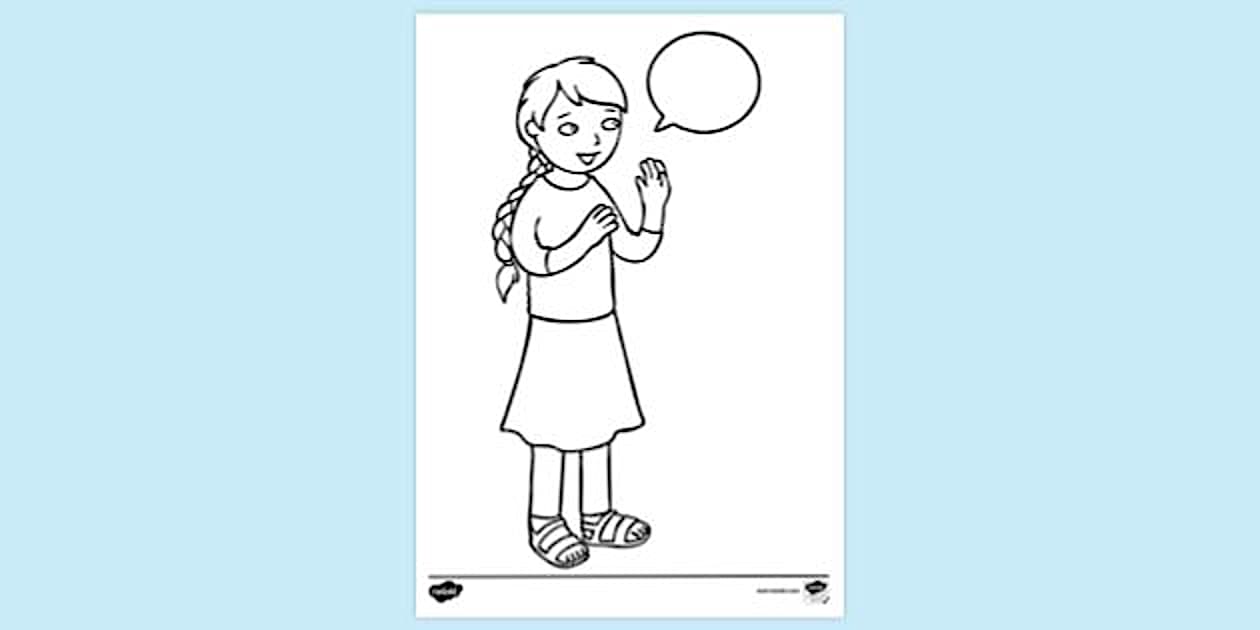 Girl Talking With Speech Bubble Eyes Open Colouring Sheet