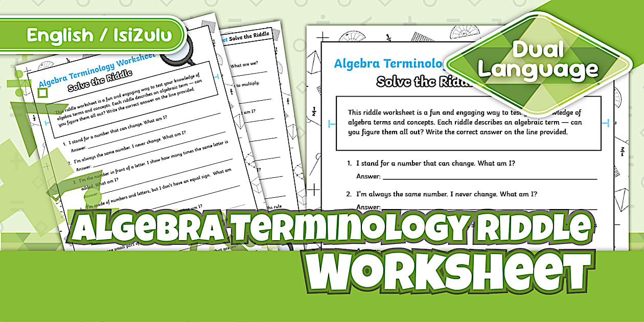 Algebra Terminology Riddle Worksheet (Grades 7&9)