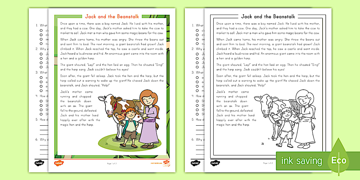Second grade jack and the beanstalk reading comprehension worksheet