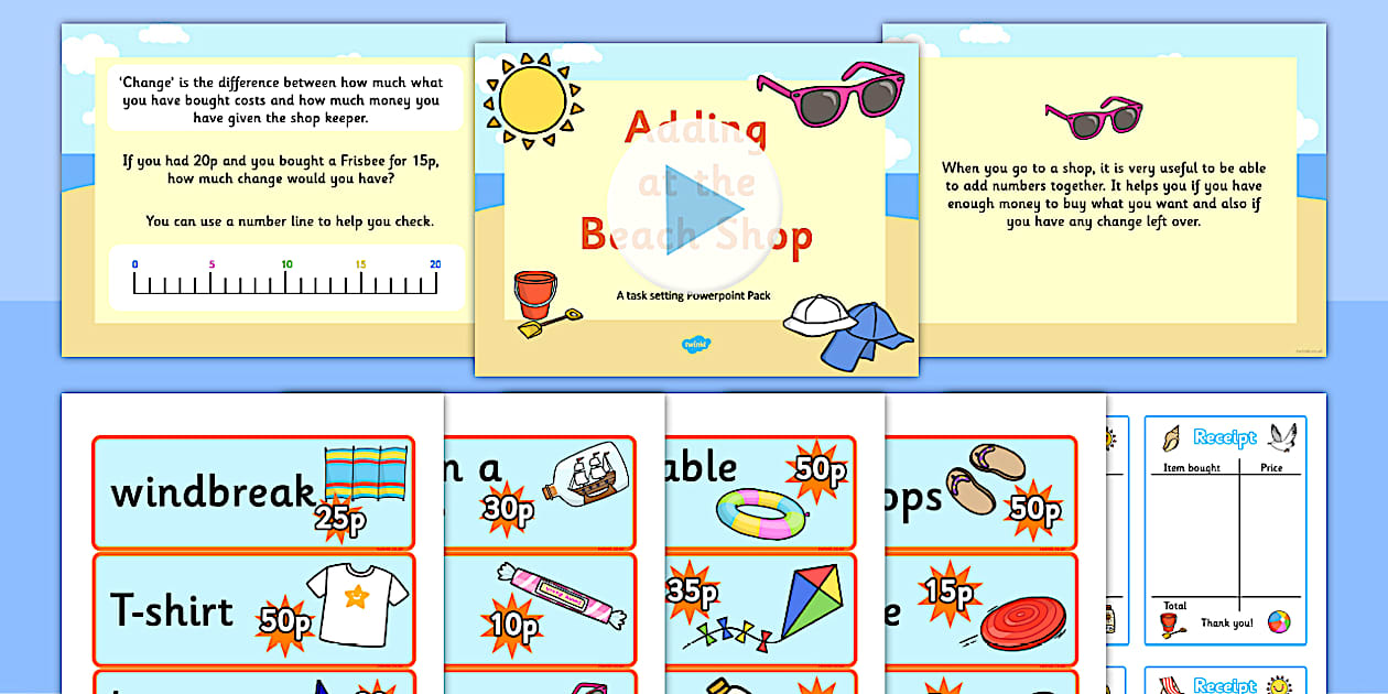 Adding at the Beach Shop Powerpoint Task Setter - Twinkl
