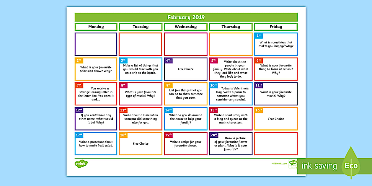 February Writing Prompts Display Calendar