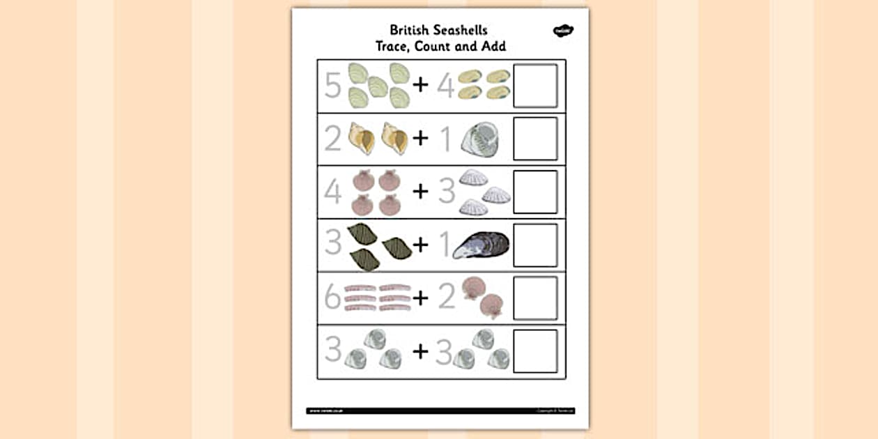 Black and White British Seashell Trace, Count and Add Worksheet