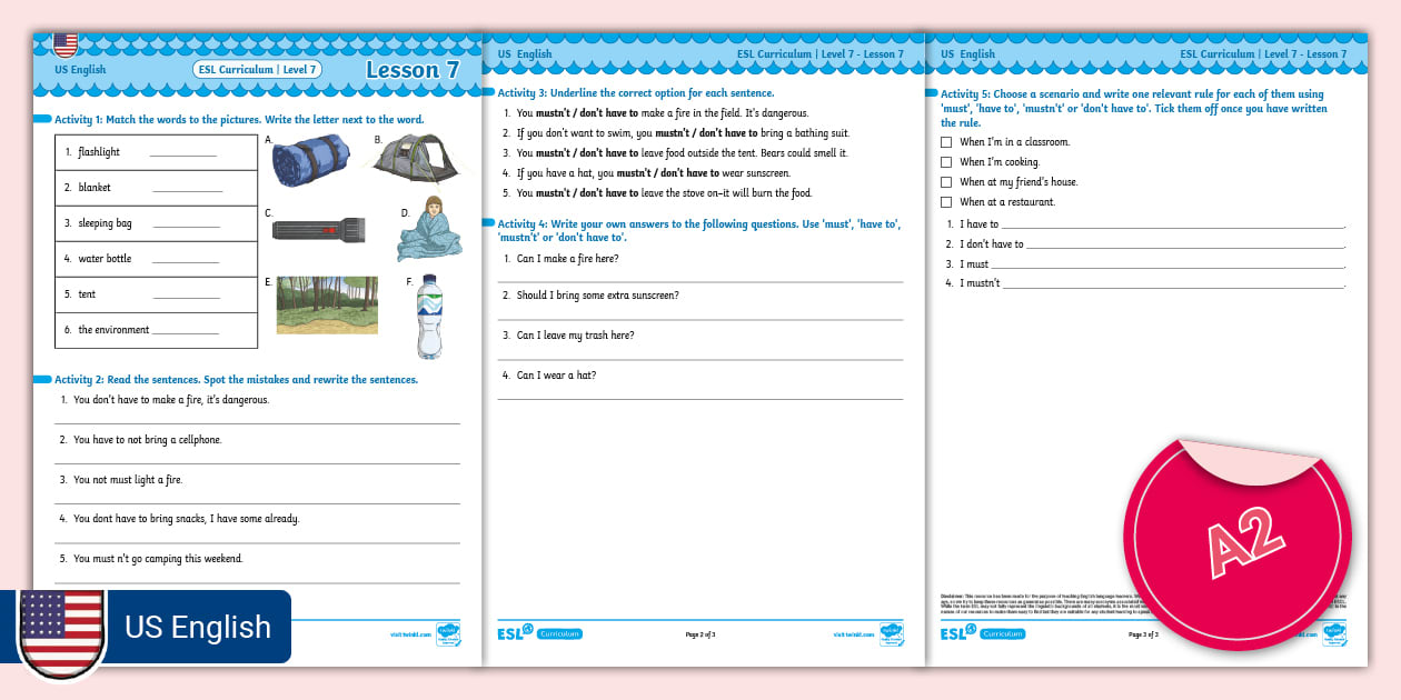 ESL Curriculum (USEnglish Version) Level 7, Lesson 7 Activity Sheet