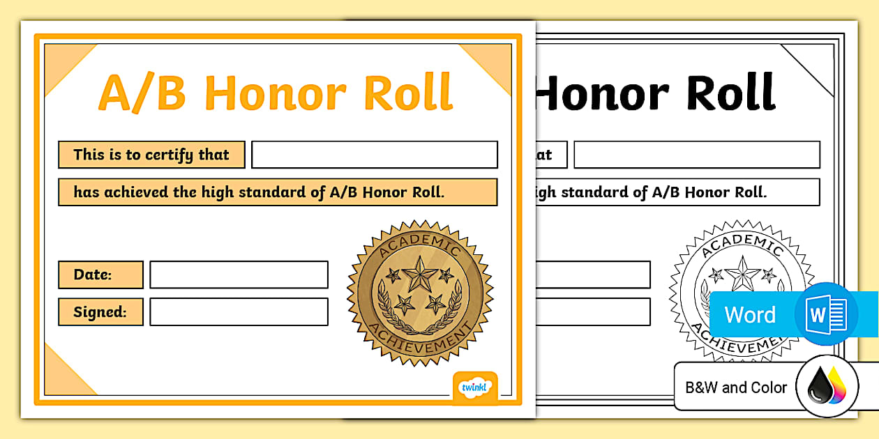 Editable A/B Honor Roll Certificate (TeacherMade) Twinkl