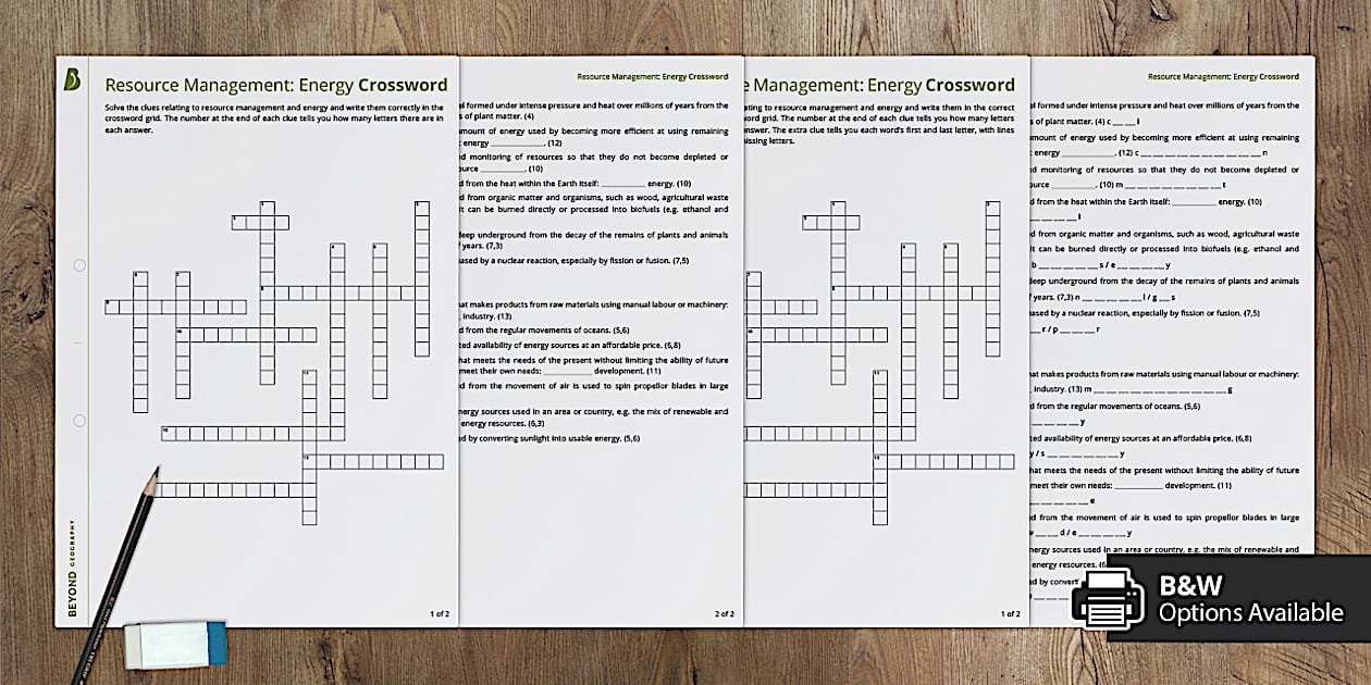 GCSE AQA Geography Resource Management Energy Crossword