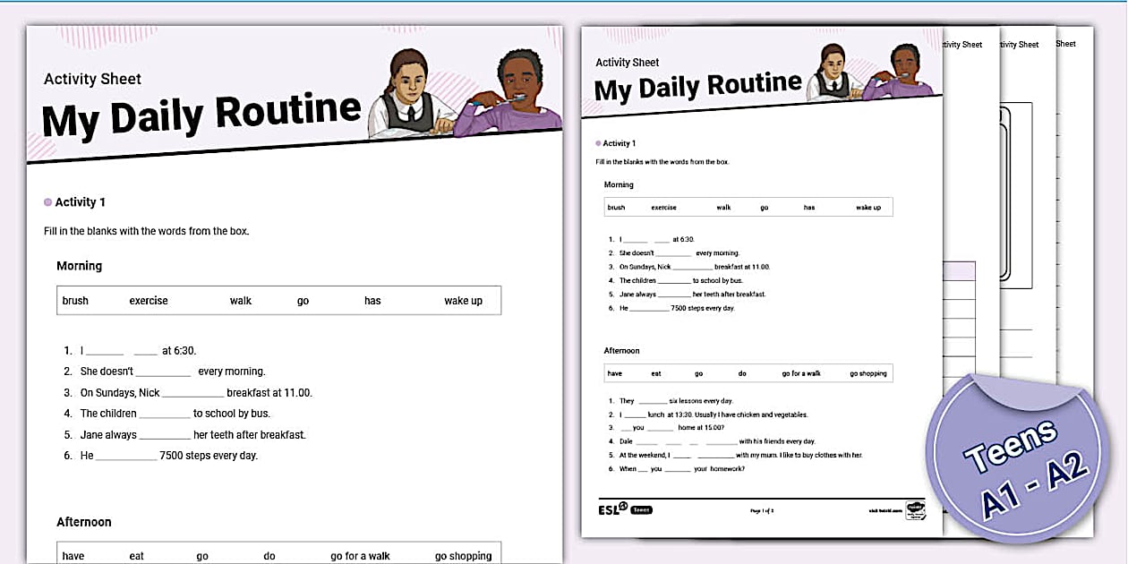 ESL My Daily Routine Activity Sheet [Teens, A1-A2]