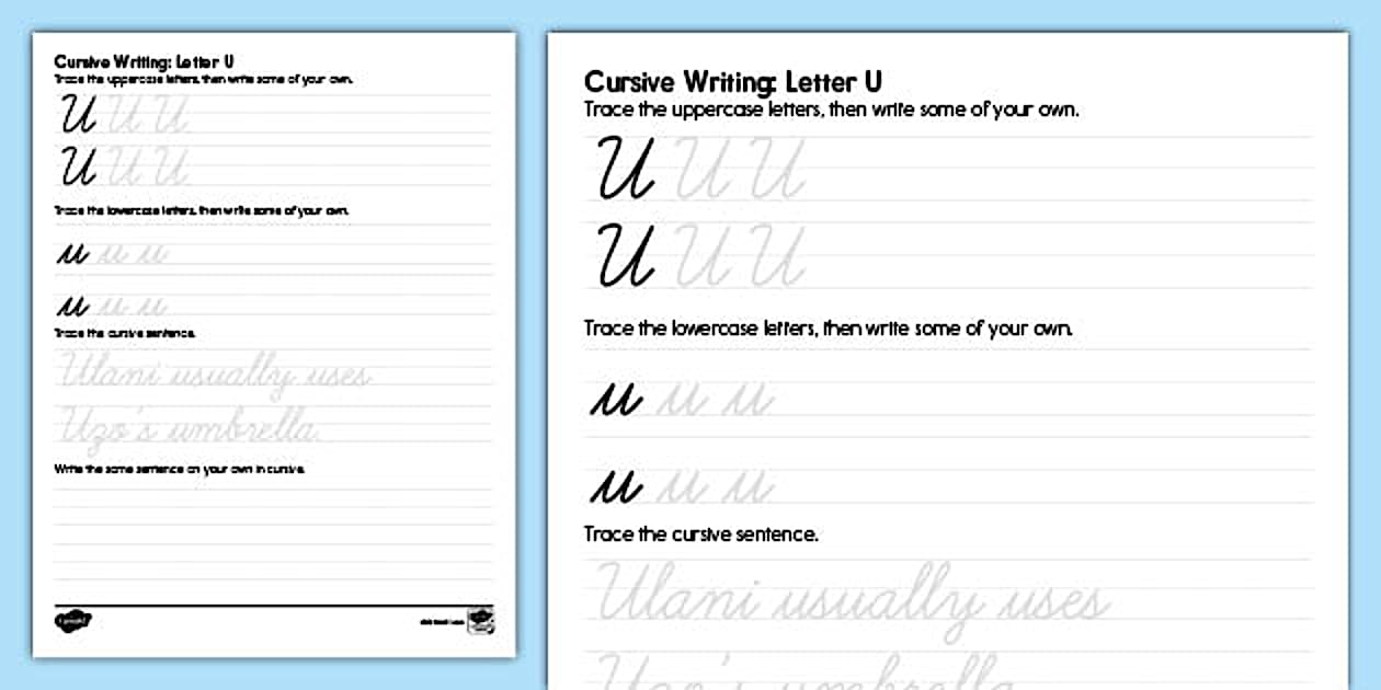 Cursive Letter Writing: Letter U Worksheet (teacher made)