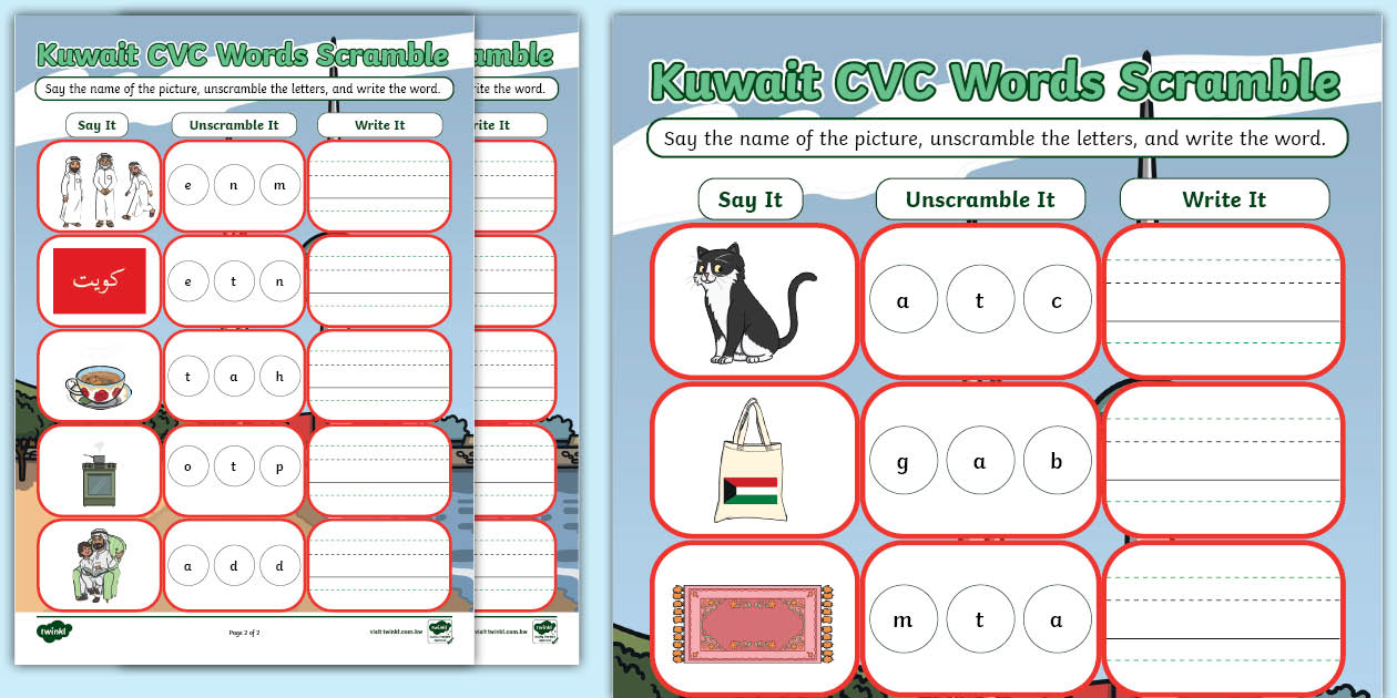 Kuwait CVC Words Activity – Unscramble, Say & Write