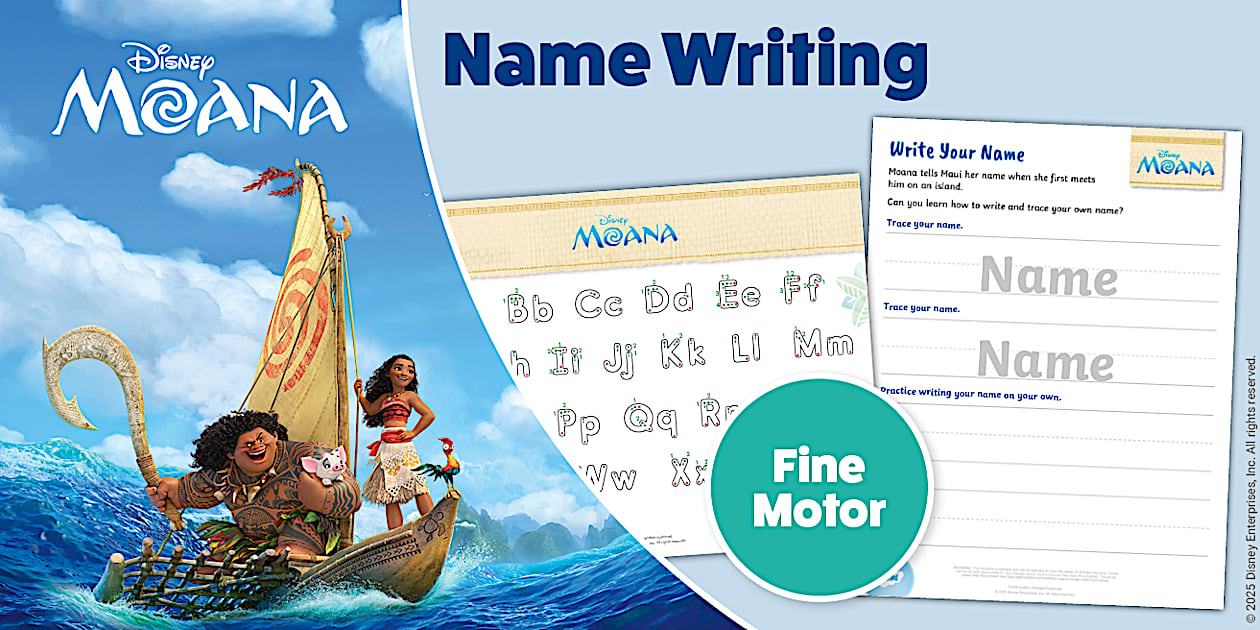 Moana: Name Writing Practice Worksheet and Alphabet Tracing