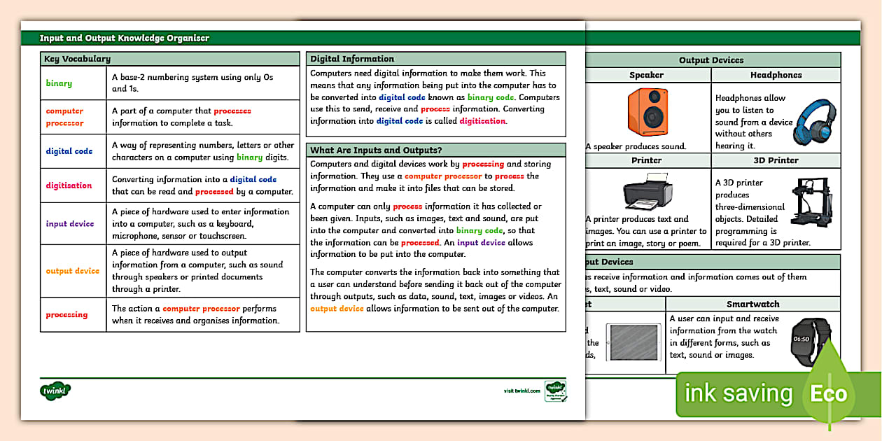 Input and Output Knowledge Organiser - Computing - Twinkl