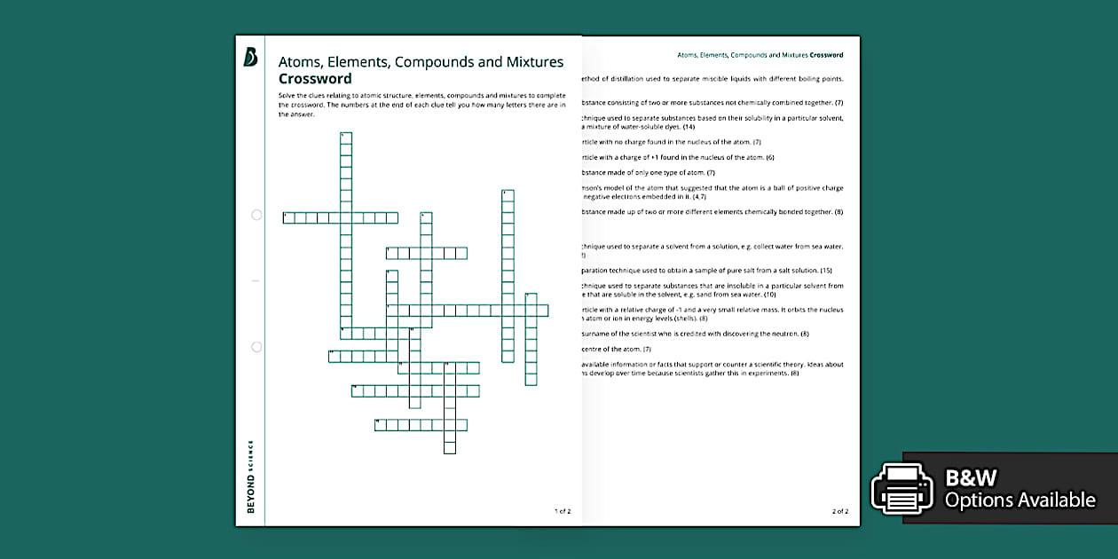 Atoms Elements Compounds and Mixtures Crossword Twinkl