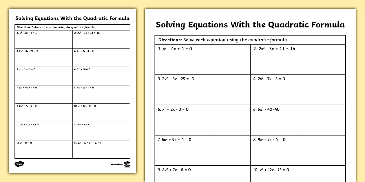 Algebra I Solving Equations With the Quadratic Formula Practice