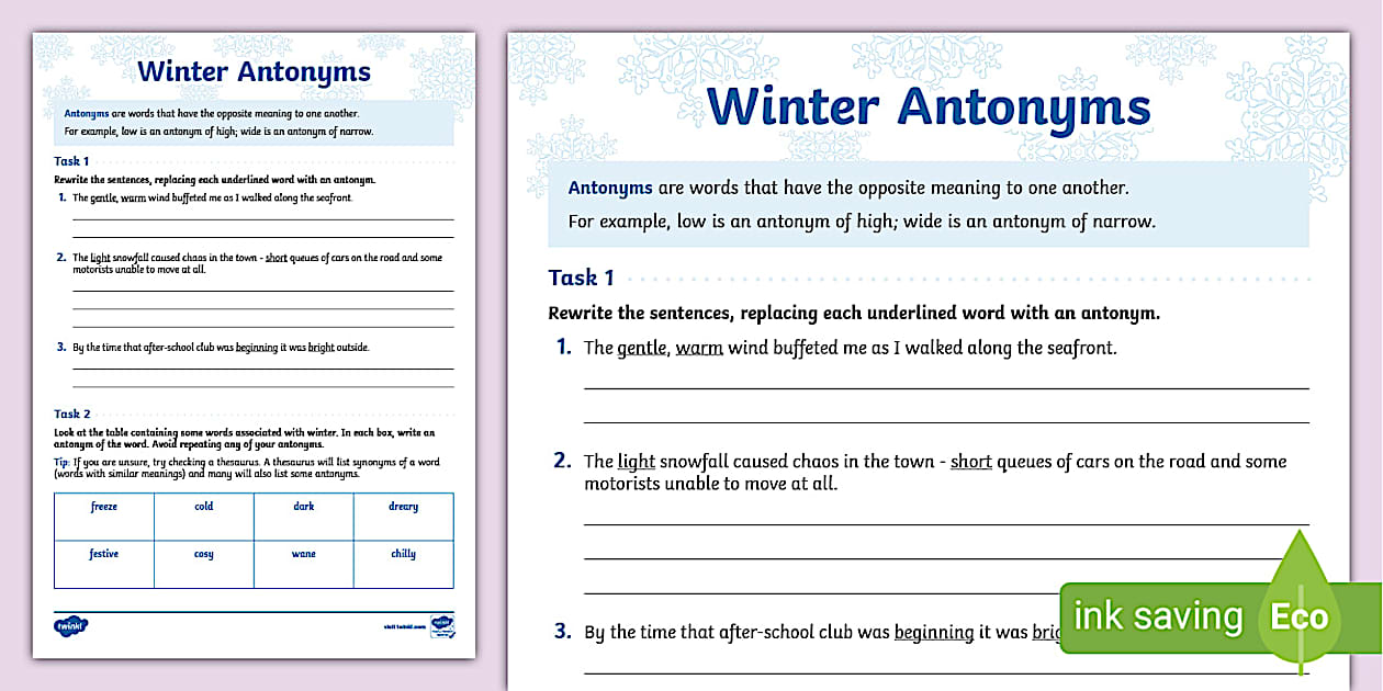 Antonyms Activity Winter (teacher made) Twinkl