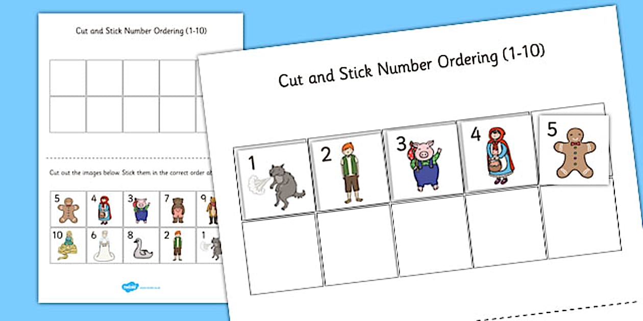 Traditional Tales Themed Cut Stick Number Ordering Sheets 1-10