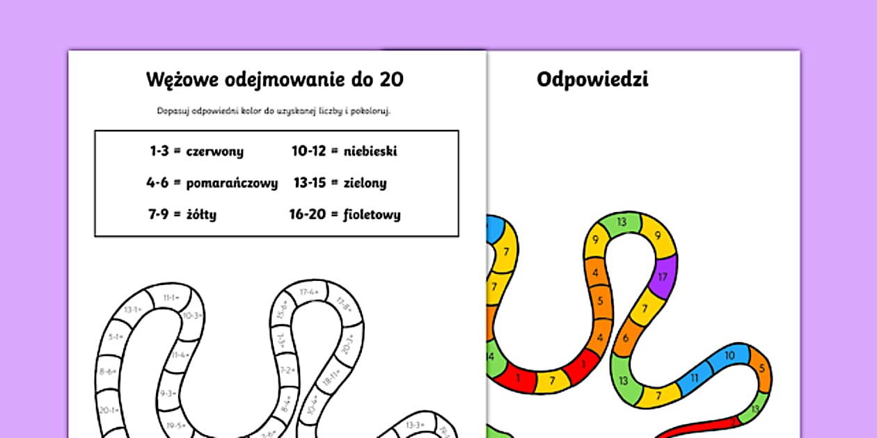 Karta Odejmowanie z wężem do 20 po polsku worksheet