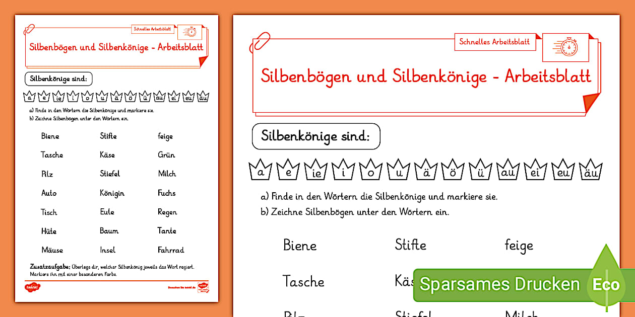 Silben und Silbenkönige erkennen - Arbeitsblatt zum Thema Silben