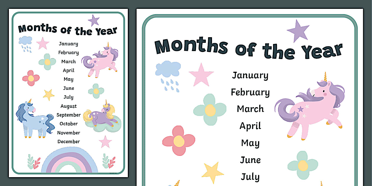 Unicorn-Themed Months of the Year Poster - Twinkl