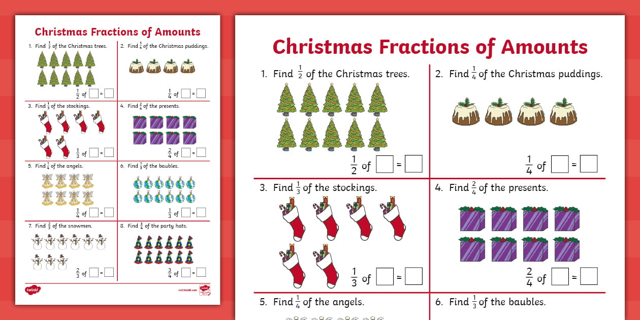 👉 Christmas Fractions of Amounts Worksheet Twinkl KS1